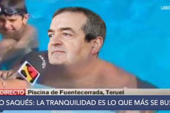 La tranquilidad de Tino Saqués en la piscina de Fuentecerrada hablando con Aragón televisión. Lugoslavia